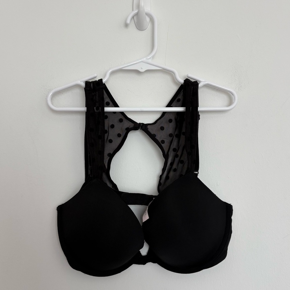 Victorias Secret Womens 32D Bra Push Up Velvet Polka Dot Sheer Overlay Cutout
